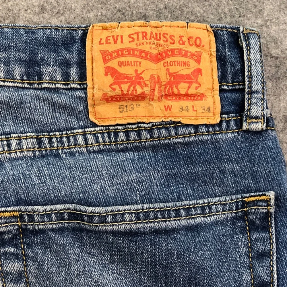 Levis 513 Mens Jeans 34x34 Straight Leg Blue Light Wash Stretch Slim Fit Classic